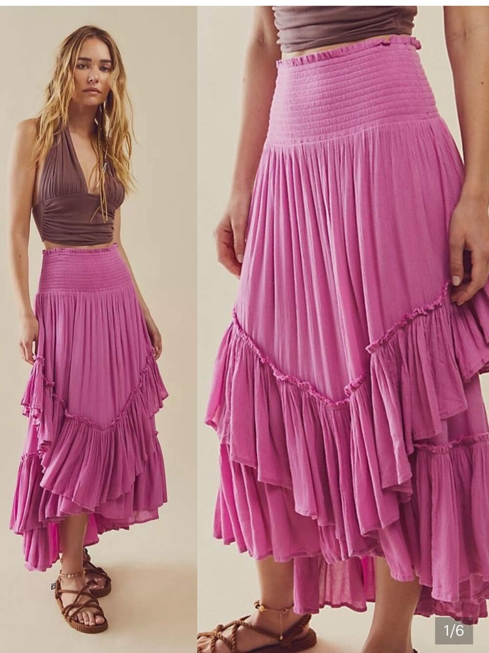 Free People Tiered High-Low Midi Skirt - Hot Pink